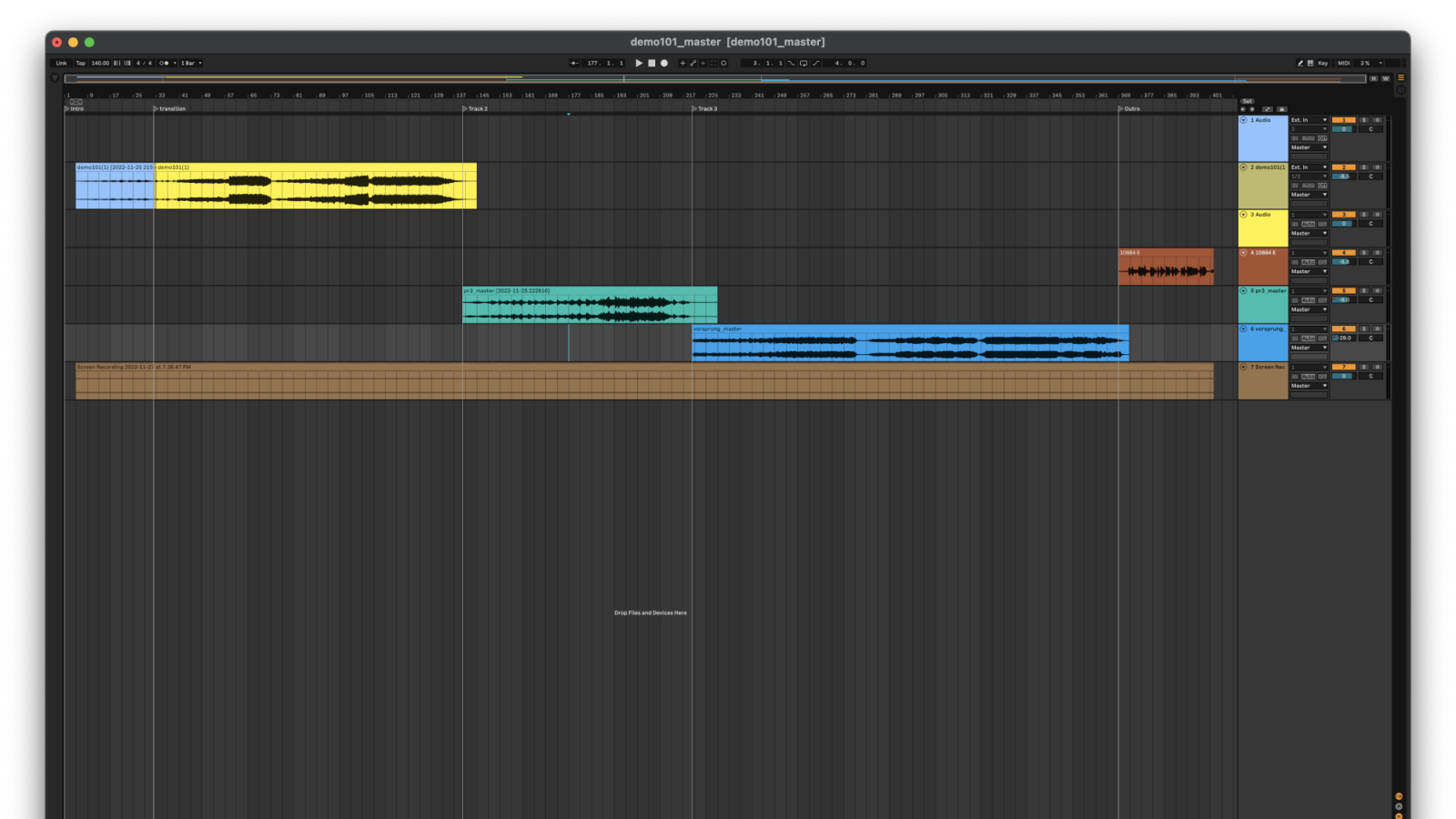 this image depicts my Ableton Live session view for the EP mastering session