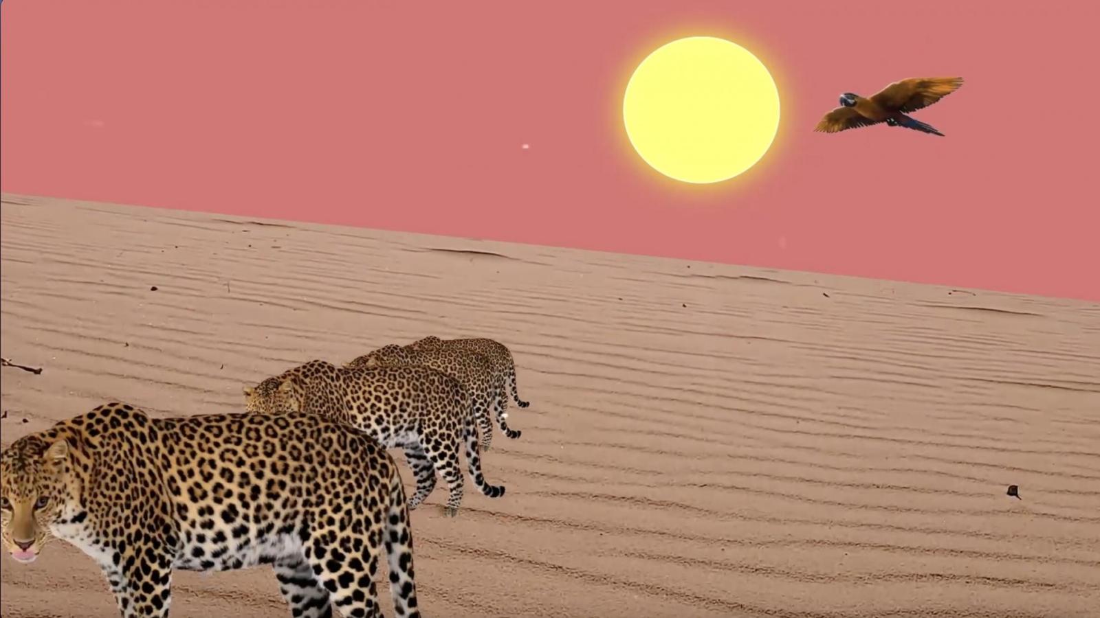 Digital artwork of leopards in a desert with a bird in a pink sky