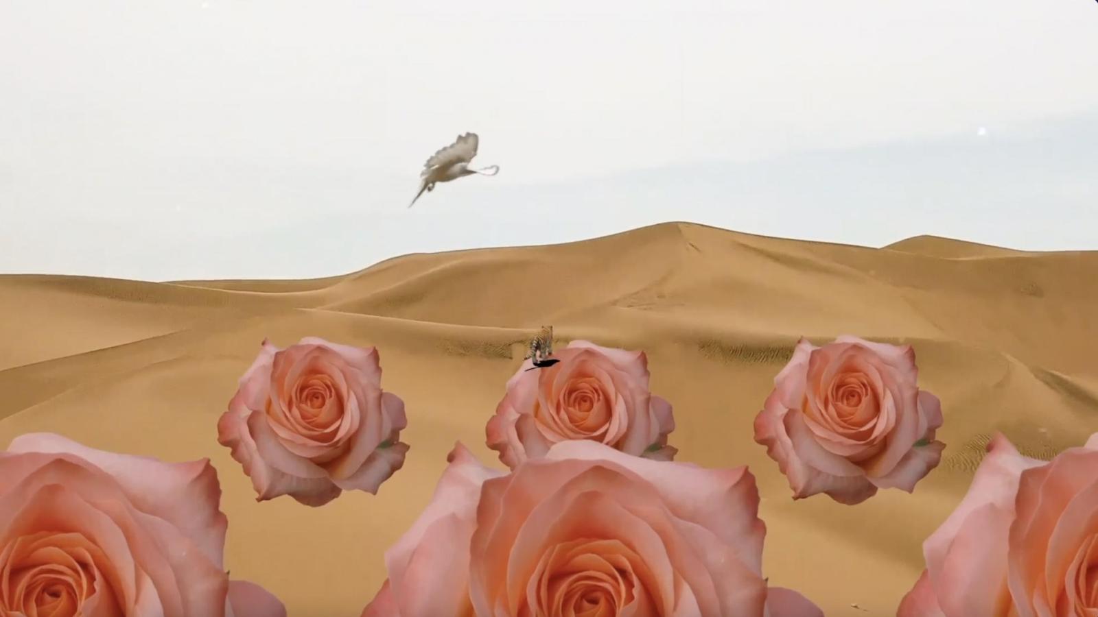 Digital artwork of roses in a desert with a bird flying