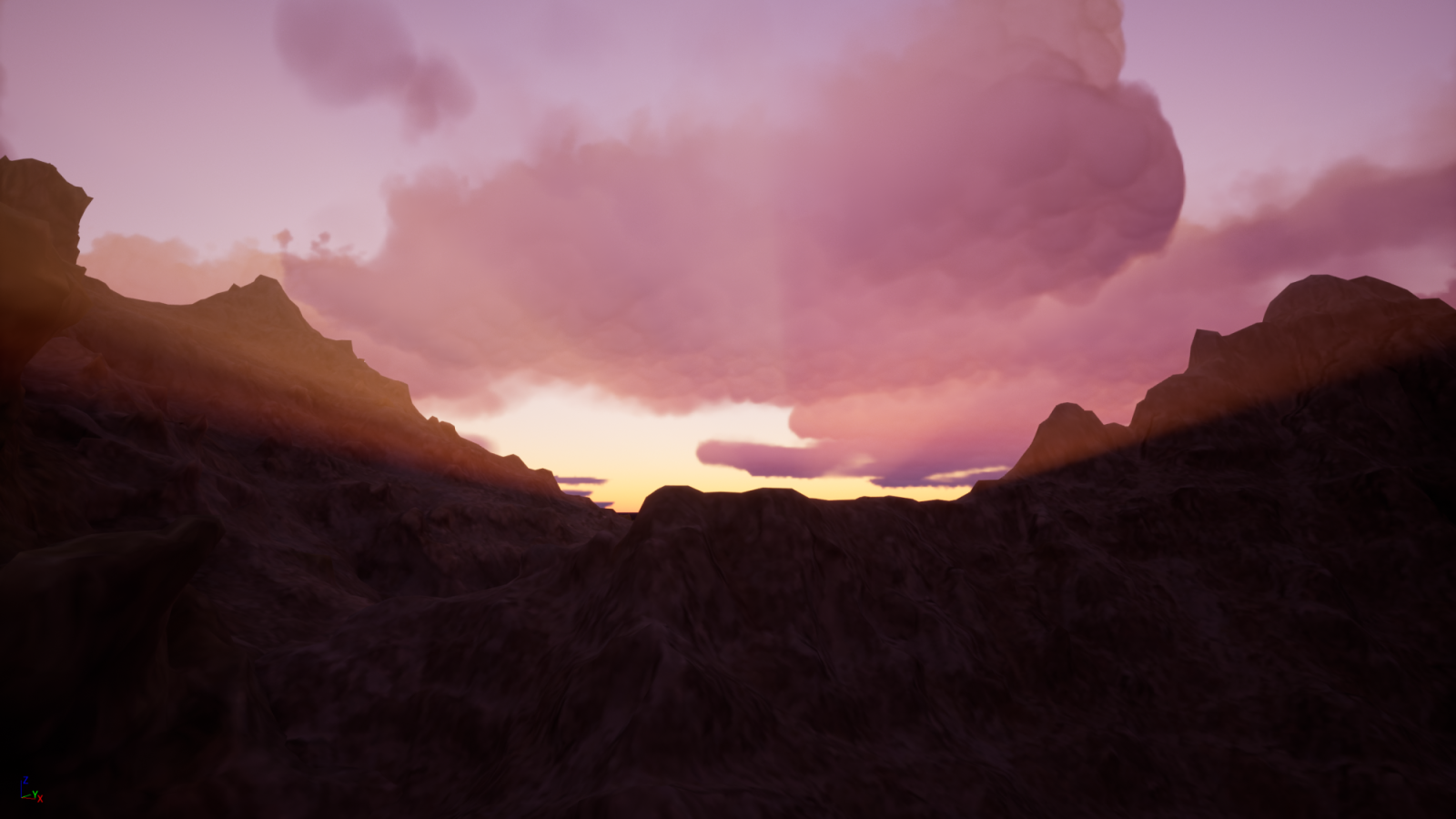 beautiful, immersive nature-themed environment featuring a snowy landscape with steep cliffs covered in ice during a pink sunset