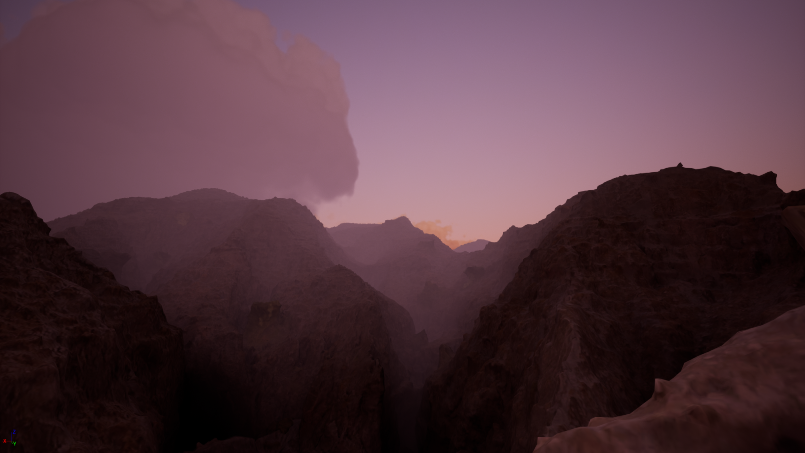 beautiful, immersive nature-themed environment featuring a snowy landscape with steep cliffs covered in ice during a pink sunset