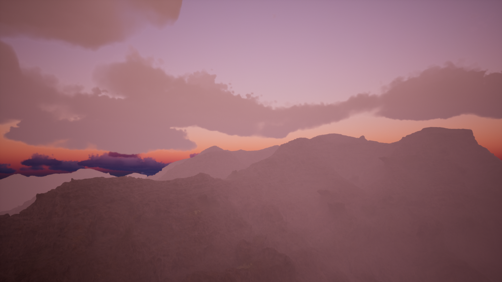 beautiful, immersive nature-themed environment featuring a snowy landscape with steep cliffs covered in ice during a pink sunset