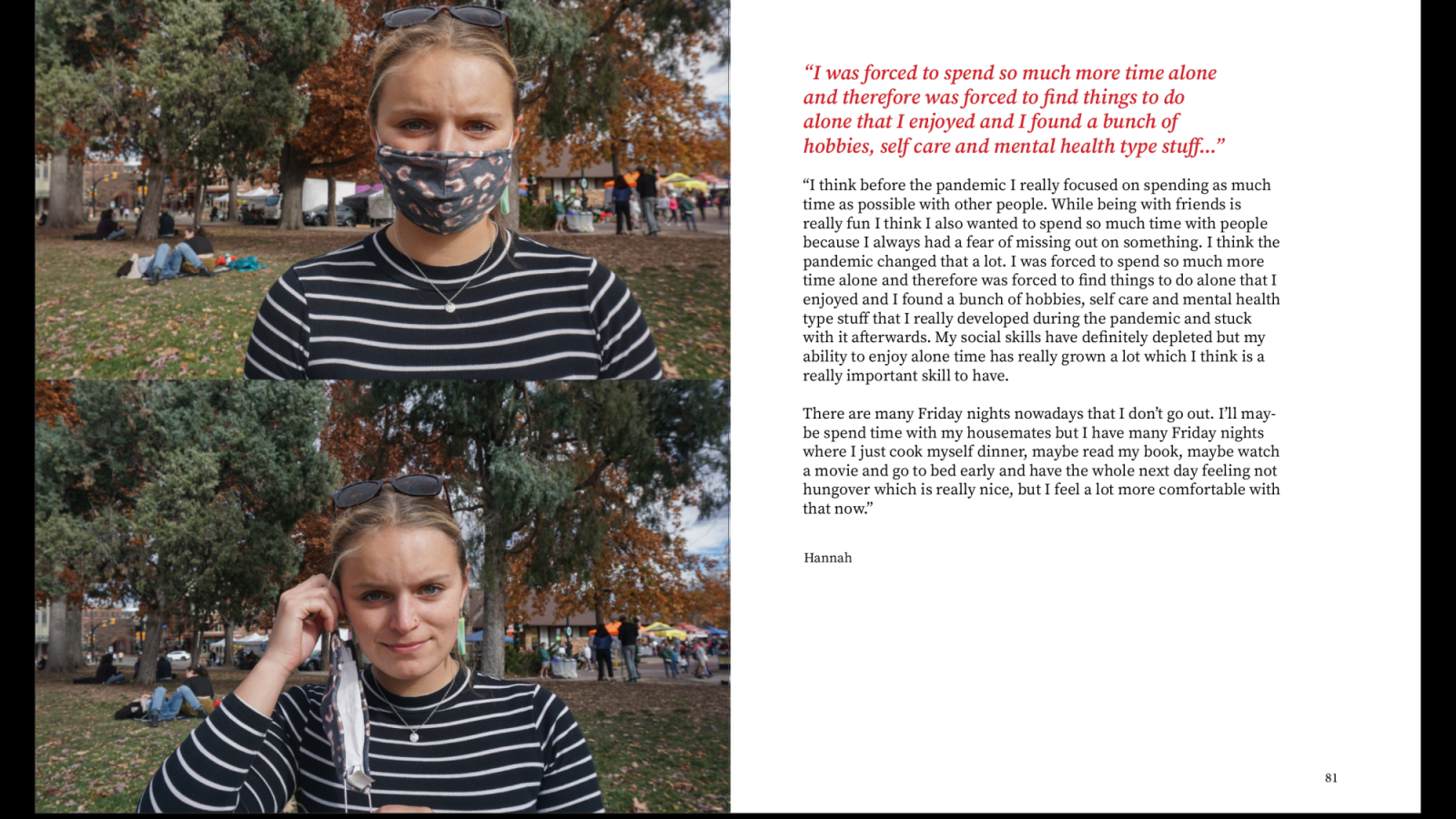 The images show a young female adult taking off her mask as she looks into the camera. The top image shows her with the mask on and the bottom image shows her taking the bands off from around her ears.