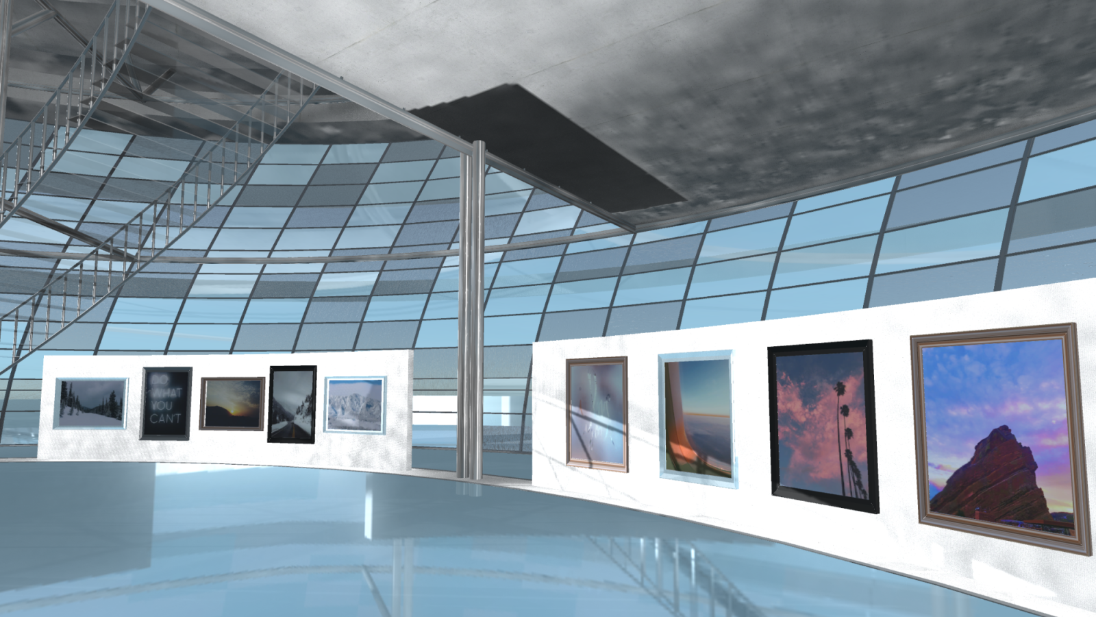Virtual art gallery that showcases photography. View of 8 photographs along the sides.