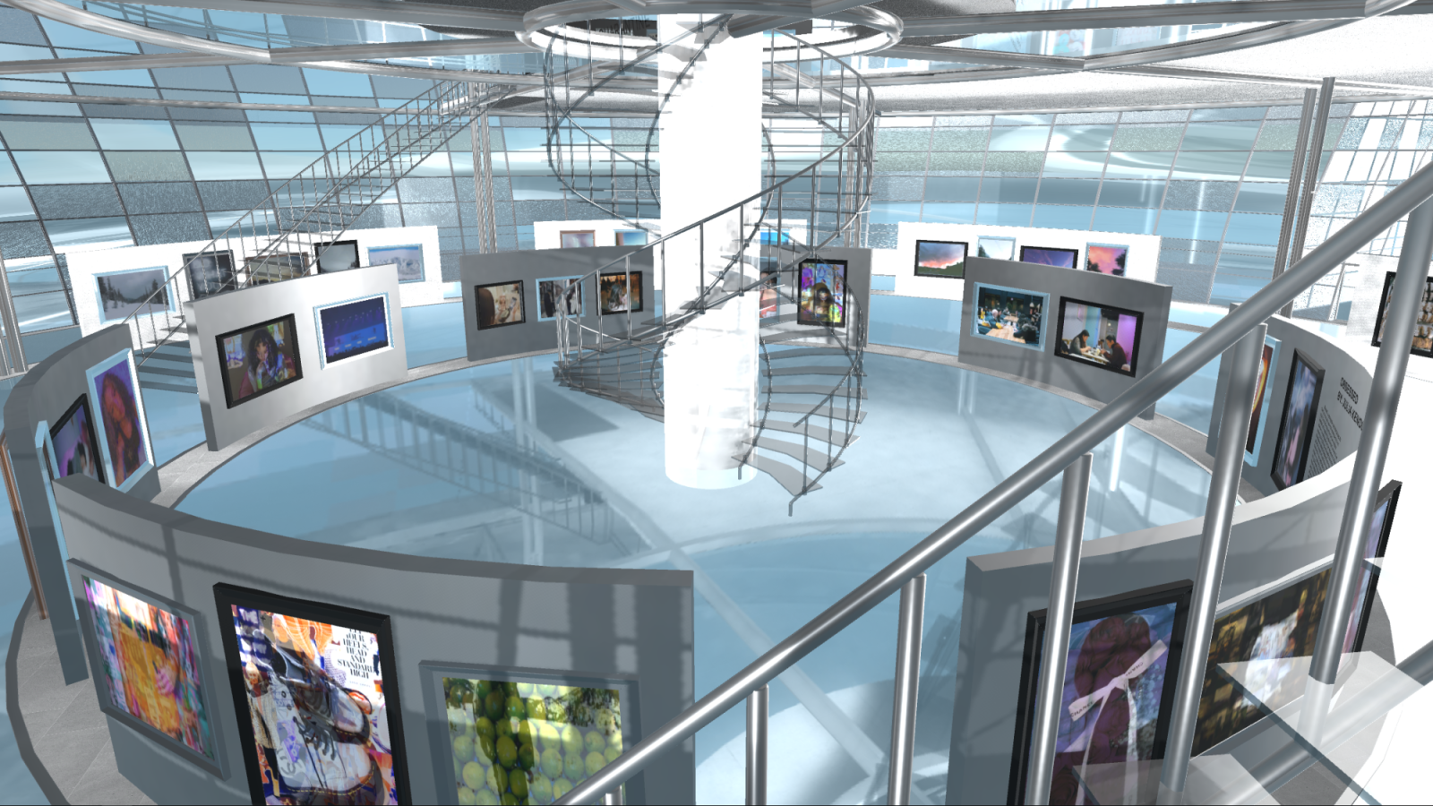 Virtual art gallery that showcases photography. View from the exterior. View from the staircase looking down.