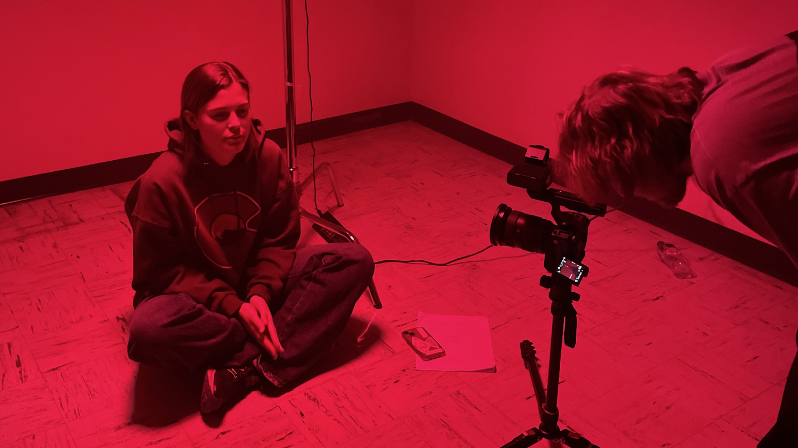 Behind the scenes during "red room" scene