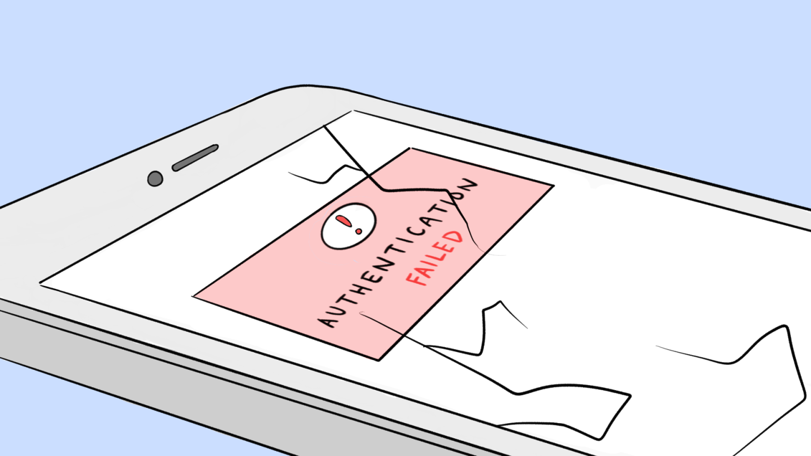 A mobile phone with a cracked screen flashes the notification authentification failed
