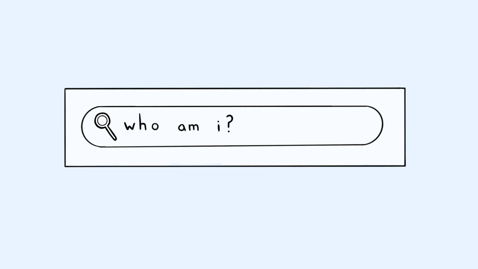 A floating search bar in cyberspace poses the question Who am I?