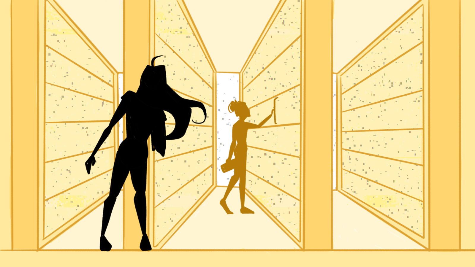 Figure of a person is in a cyber-library
