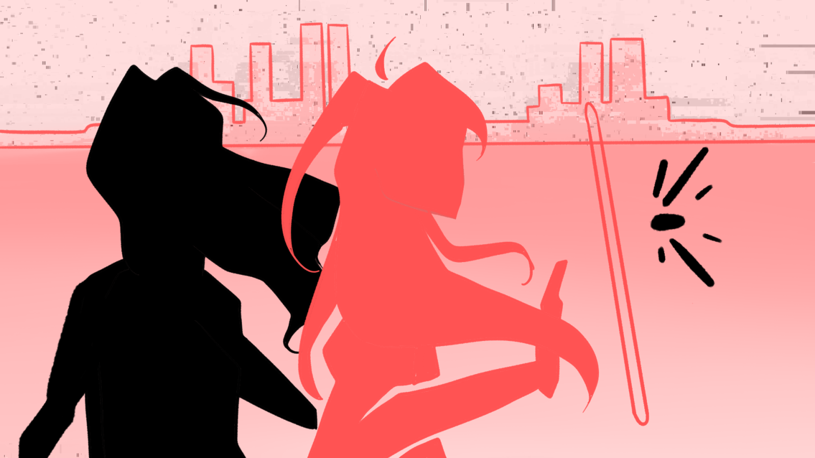 Animated figures of two people with a city in the distance