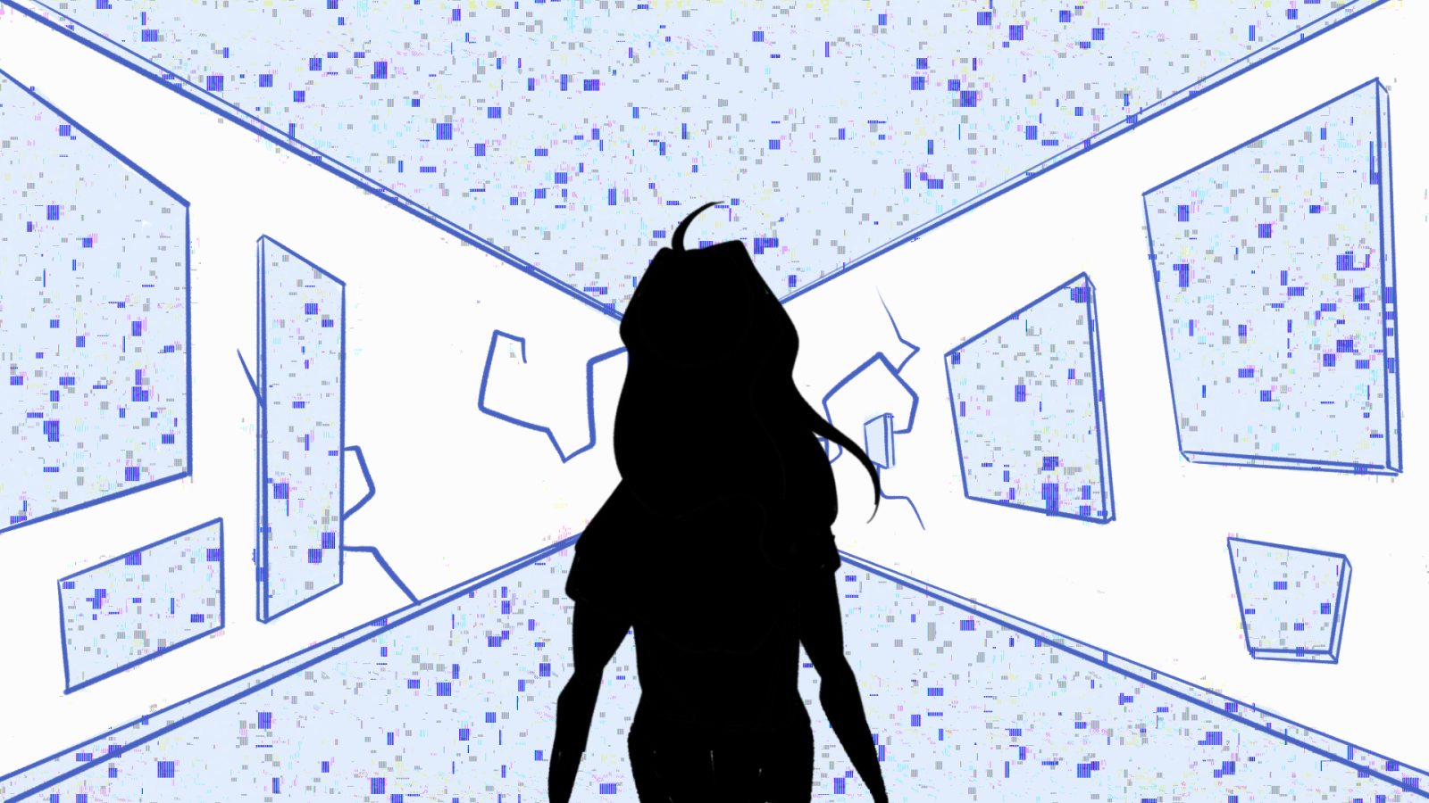 Animated figure stars down a hallway of glitch-art