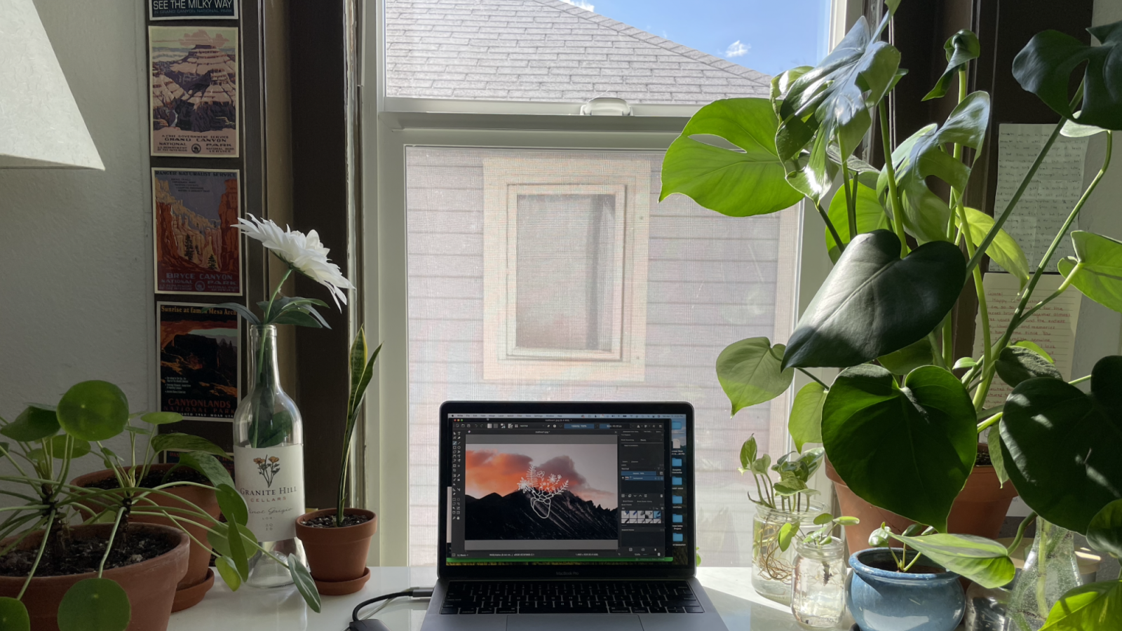 Laptop on a desk by open window with sun and indoor plants