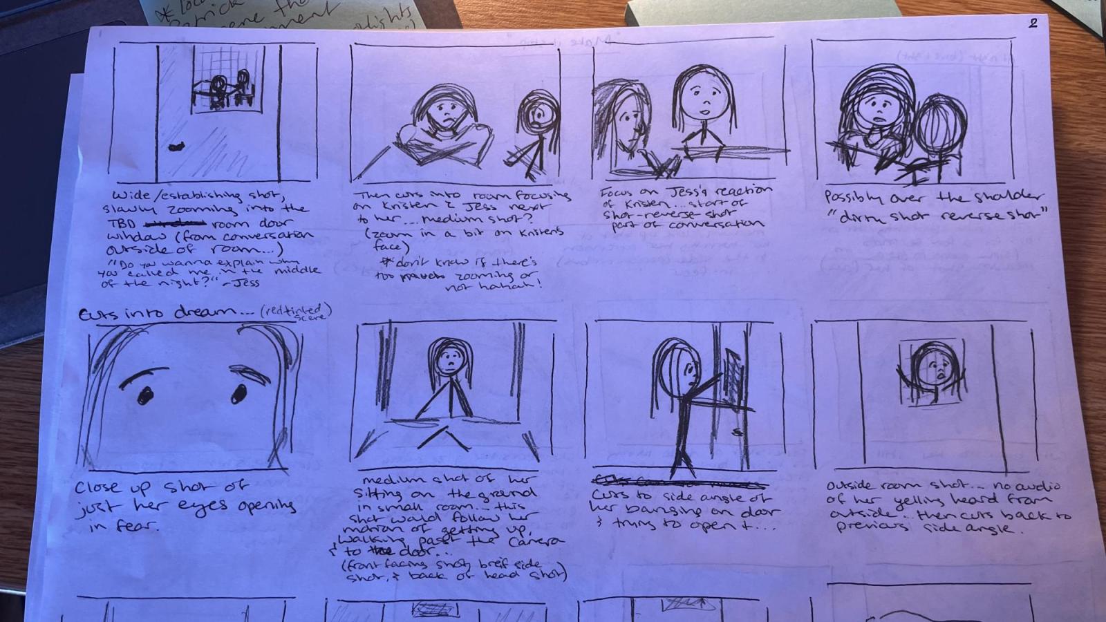 Page of storyboarding conversation scenes on paper