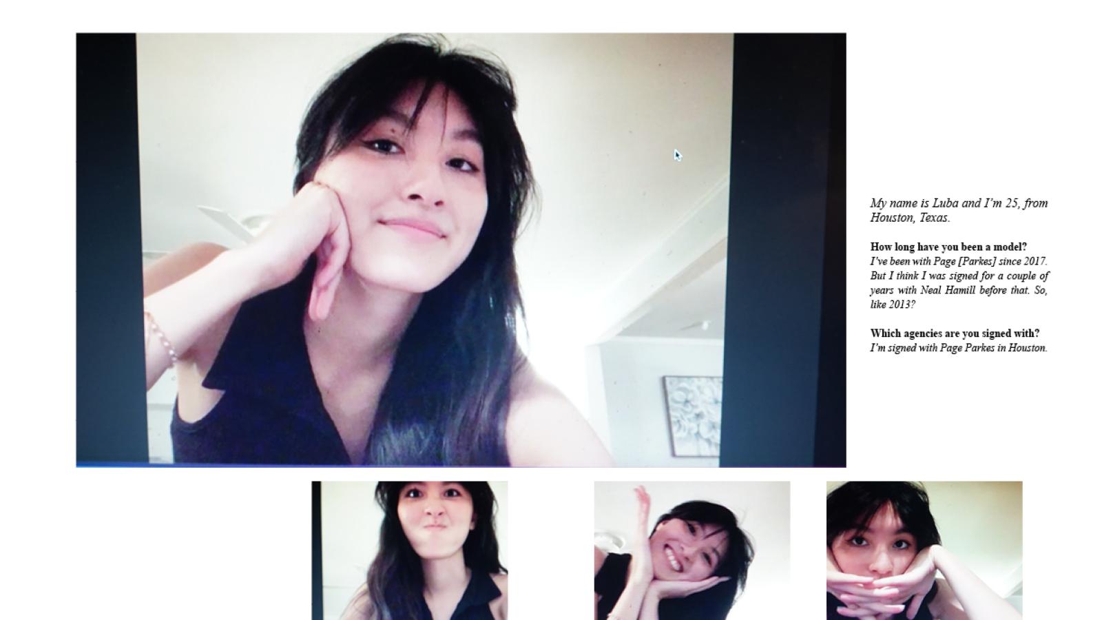 Pages 33 and 34 feature four images of Luba’s face. In the largest image Luba leans her cheek against her fist and smiles softy into the camera. In the first smaller image below Luba makes a silly scrunched up face and appears to be holding the computer screen up to her face with both arms. In the second image below Luba holds both of her hands up under er chin as she smiles wide. In the third image below Luba leans her chin and face against her outwardly clasped hands and looks deep into the camera. Each o