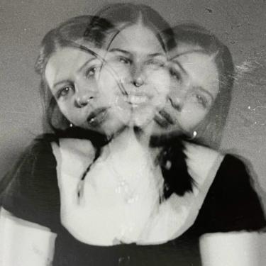 Photograph with three overlays of the same woman