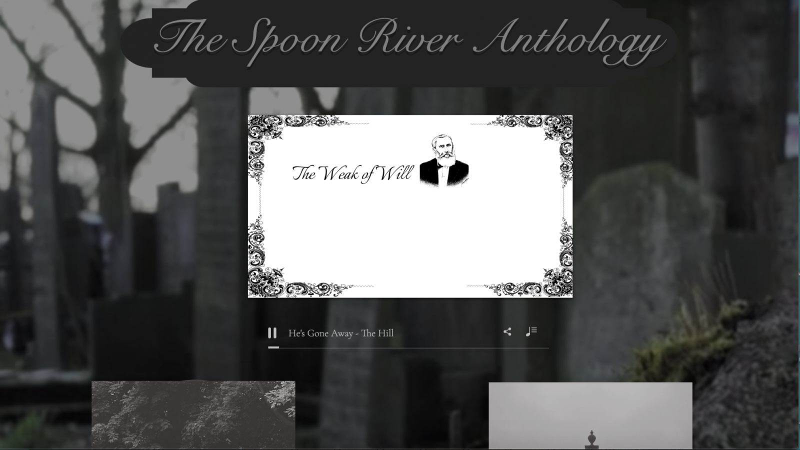 Background moving video of walking through a graveyard. Video of Graphic Drawing illustrating poem story playing on page. Black and White picture of Tombstones.