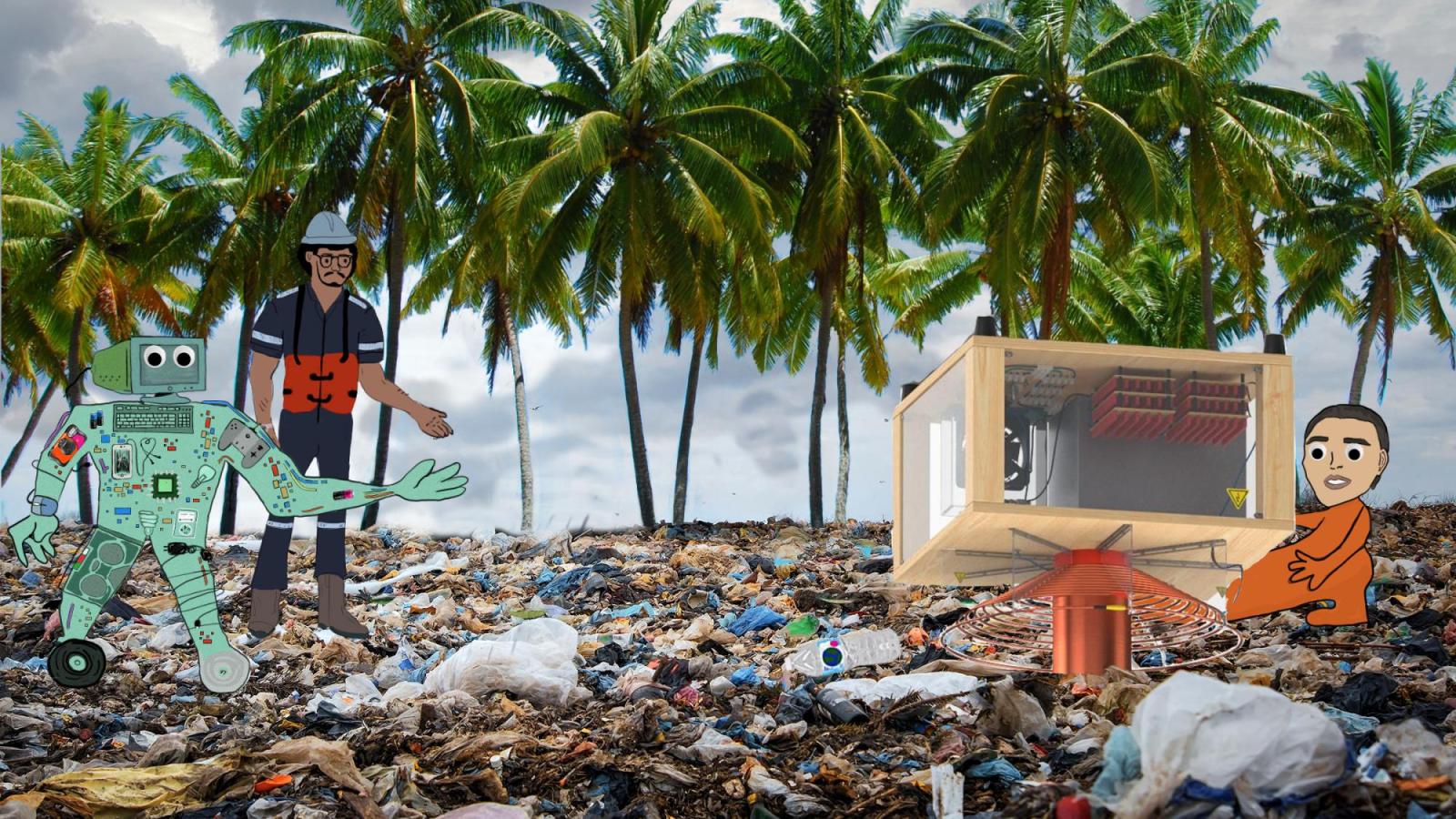 Animated artwork of trash island with fidures
