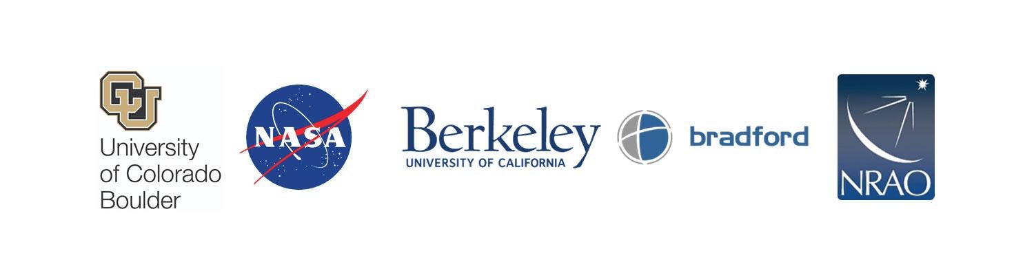 Logos of partners - CU Boulder, NASA, UC Berkeley, Bradford, and NRAO