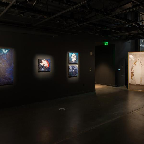 Diane Burko, Glacier Map 3, 50 x 50" (acrylic on canvas); Sphere 1, 20 x 20 " (mixed media); Sphere 2, 20 x 20 " (mixed media); Sphere 3, 20 x 20 " (mixed media), 2019