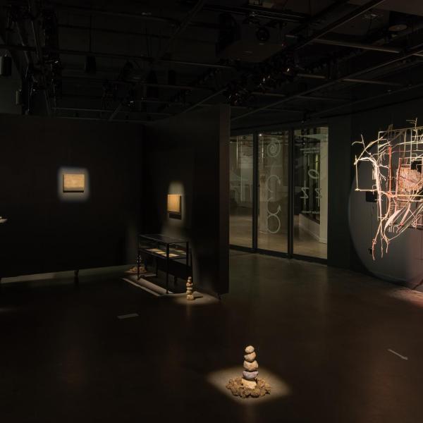 Alejandra Abad, BIOME vs BORDERS, site-specific wall installation, mixed media, 2020 and Amy Felder, Balance, acrylic on paper mâché, wood and newspaper, 2020