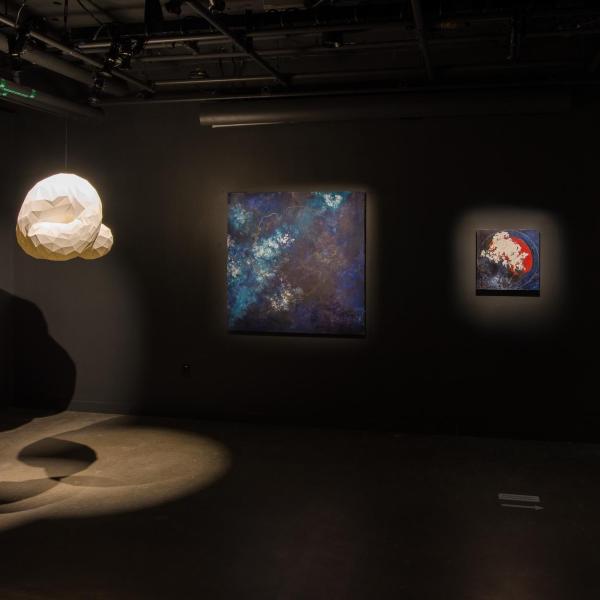 Camila Friedman-Gerlicz, Project(ive), paper & glue, 2020 and Diane Burko, Glacier Map 3, 50 x 50" (acrylic on canvas); Sphere 1, 20 x 20 " (mixed media); Sphere 2, 20 x 20 " (mixed media); Sphere 3, 20 x 20 " (mixed media), 2019