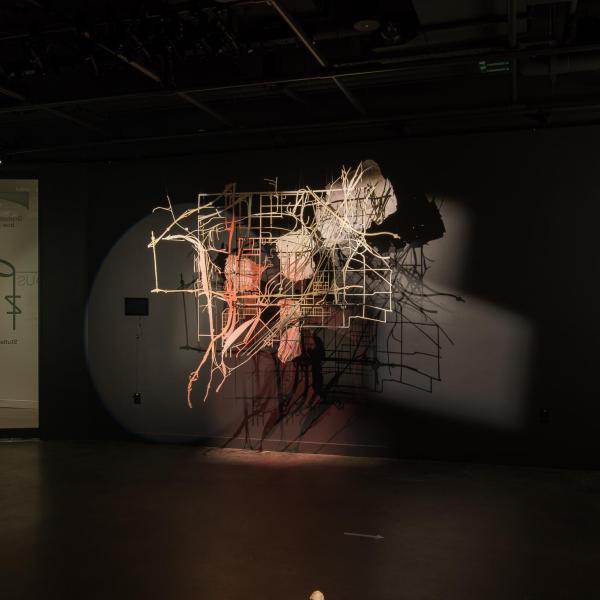 Alejandra Abad, BIOME vs BORDERS, site-specific wall installation, mixed media, 2020 and Amy Felder, Balance, acrylic on paper mâché, wood and newspaper, 2020