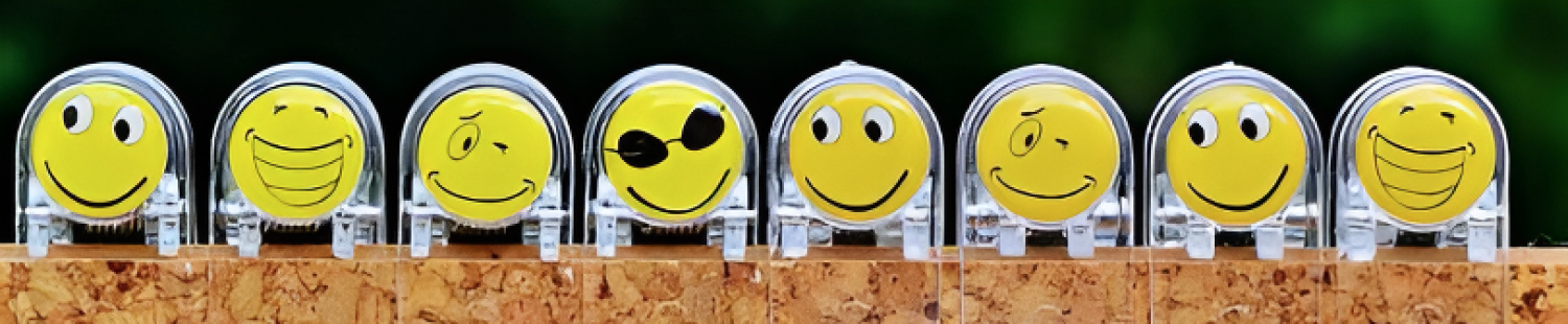 A row of yellow smiley face coins with various expressions lined up on a wooden surface, each encased in a clear protective capsule.