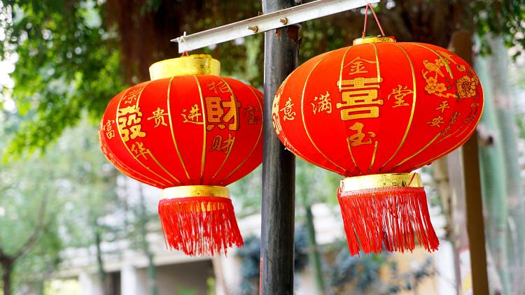 Two red Chinese lanterns hanging outdoors with calligraphy on them.