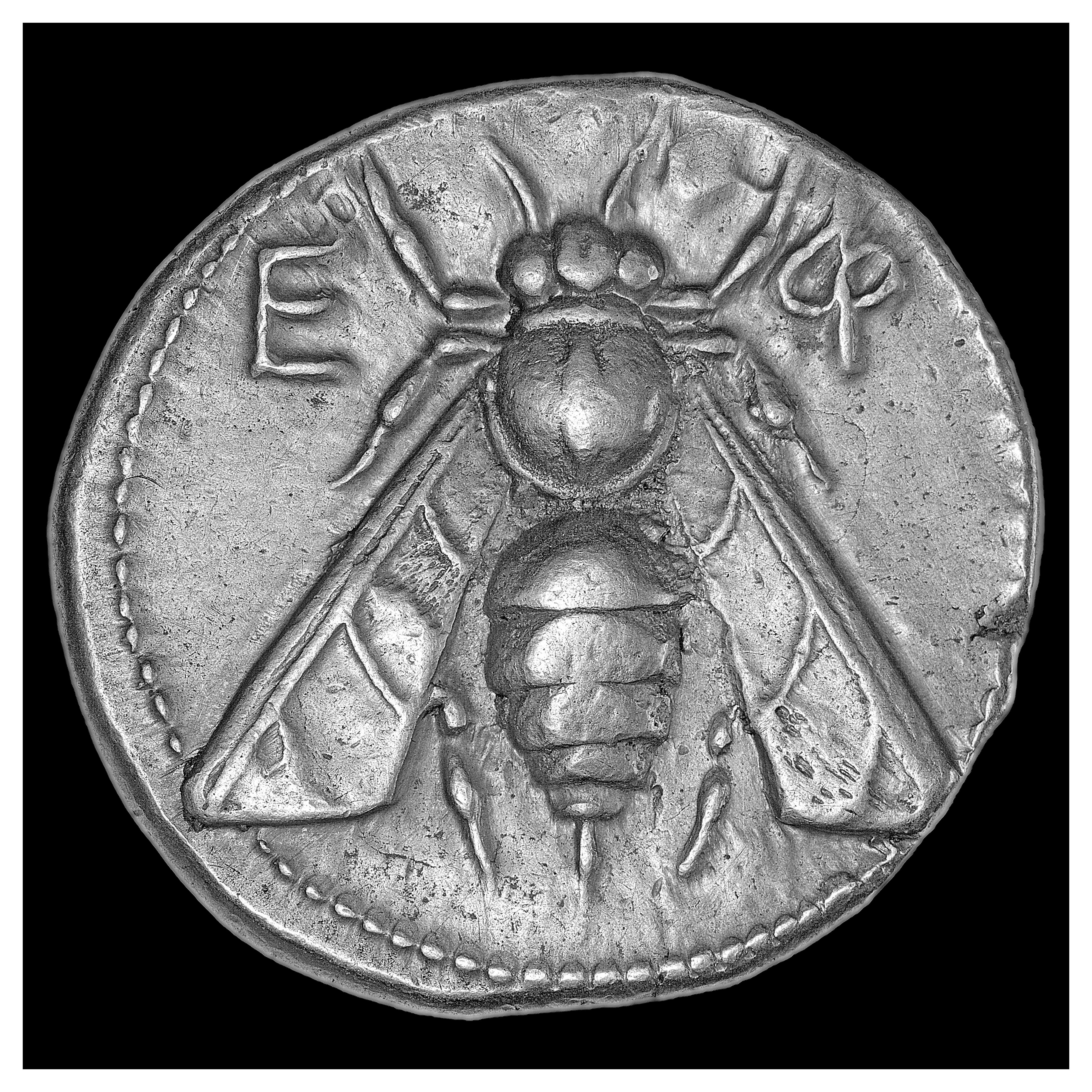 Silver Tetradrachm, Ephesus, 387-295 BCE; Obverse: Honeybee. ΕΦ (“EPH” = abbreviation of Ephesus).