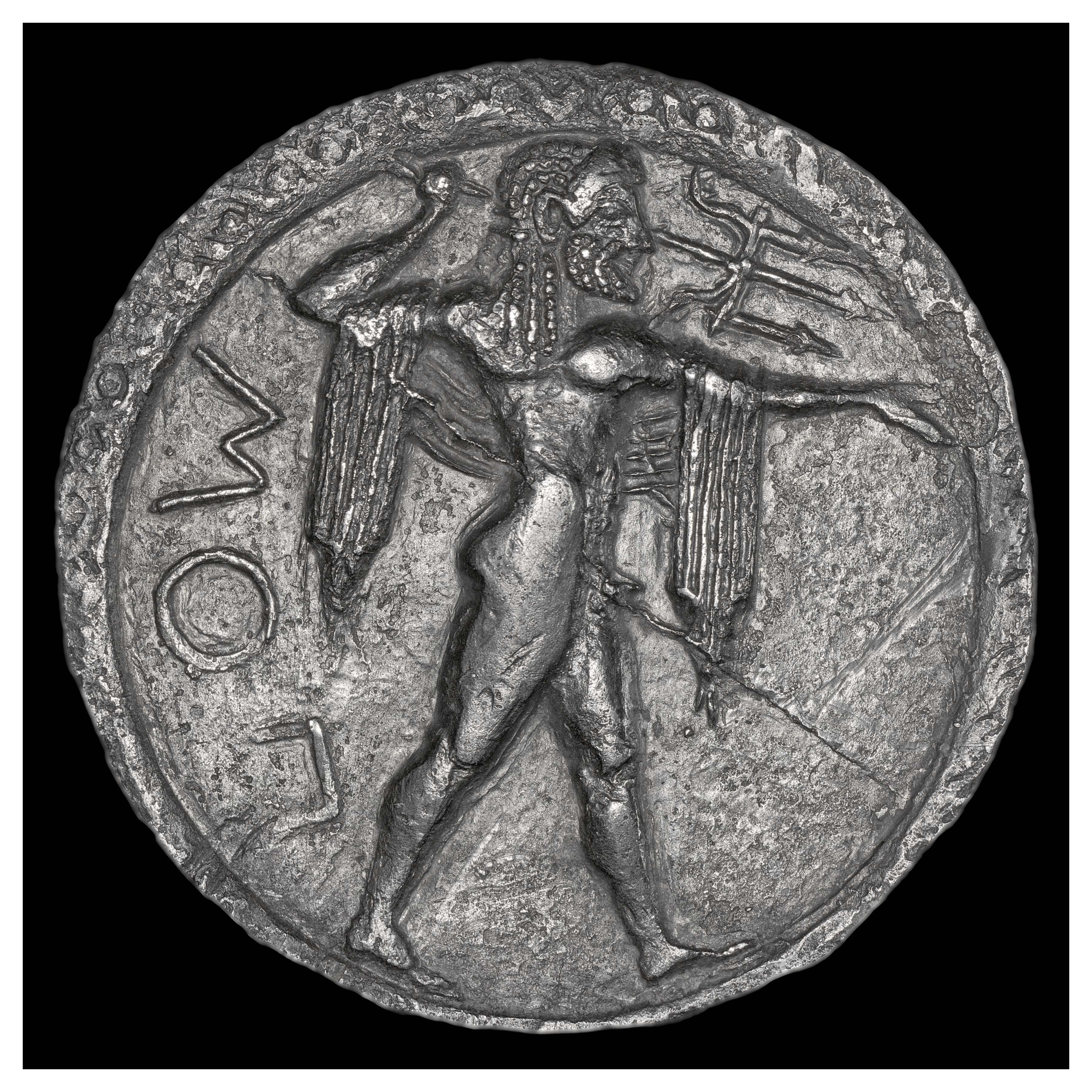 Silver Nomos, Poseidonia, 530-500 BCE; Obverse: Poseidon, with cloak draped over upper arms, holds trident. Inscription ΠΟΣ (POS = abbreviation of Poseidonia).