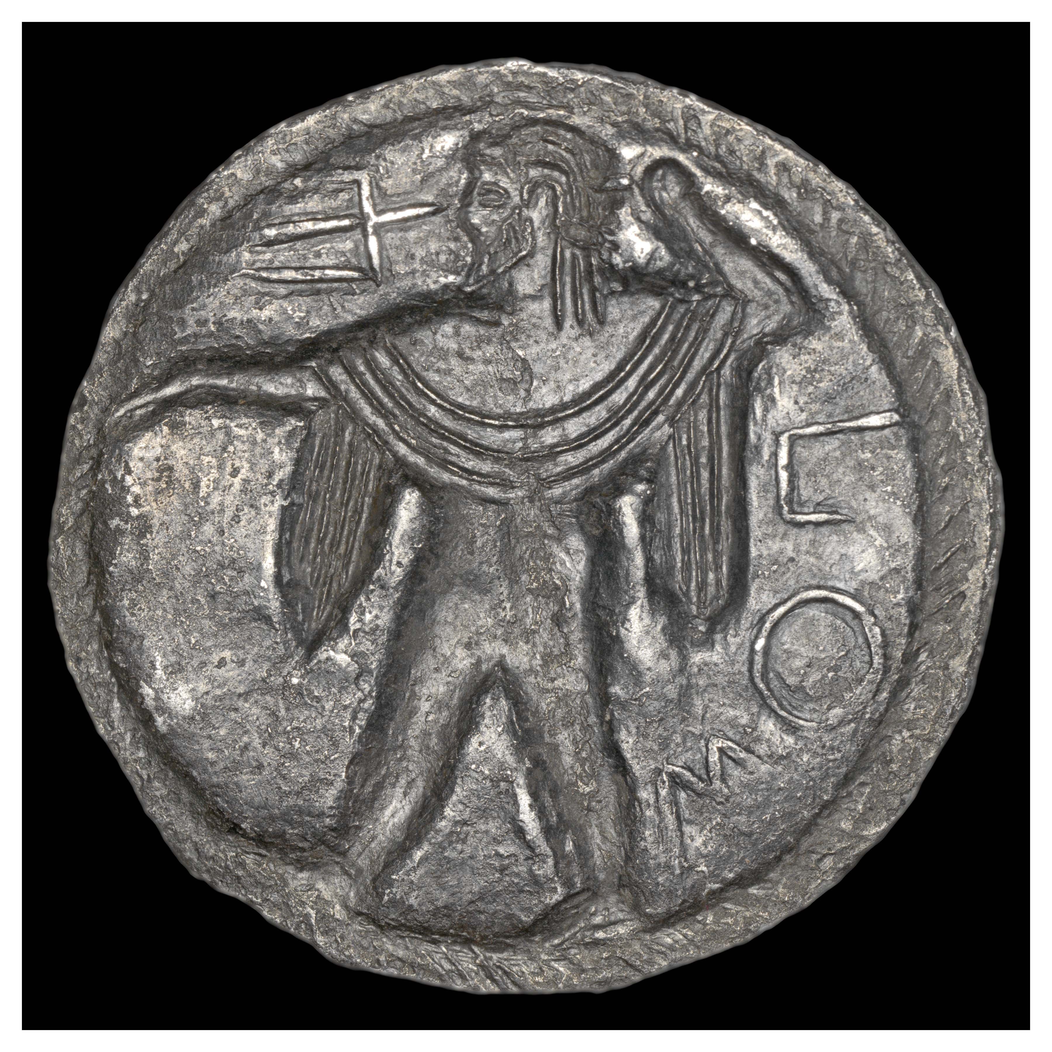 Silver Nomos, Poseidonia, 530-500 BCE; Reverse: Incuse of Poseidon. Inscription ΠΟΣ (POS = abbreviation of Poseidonia).