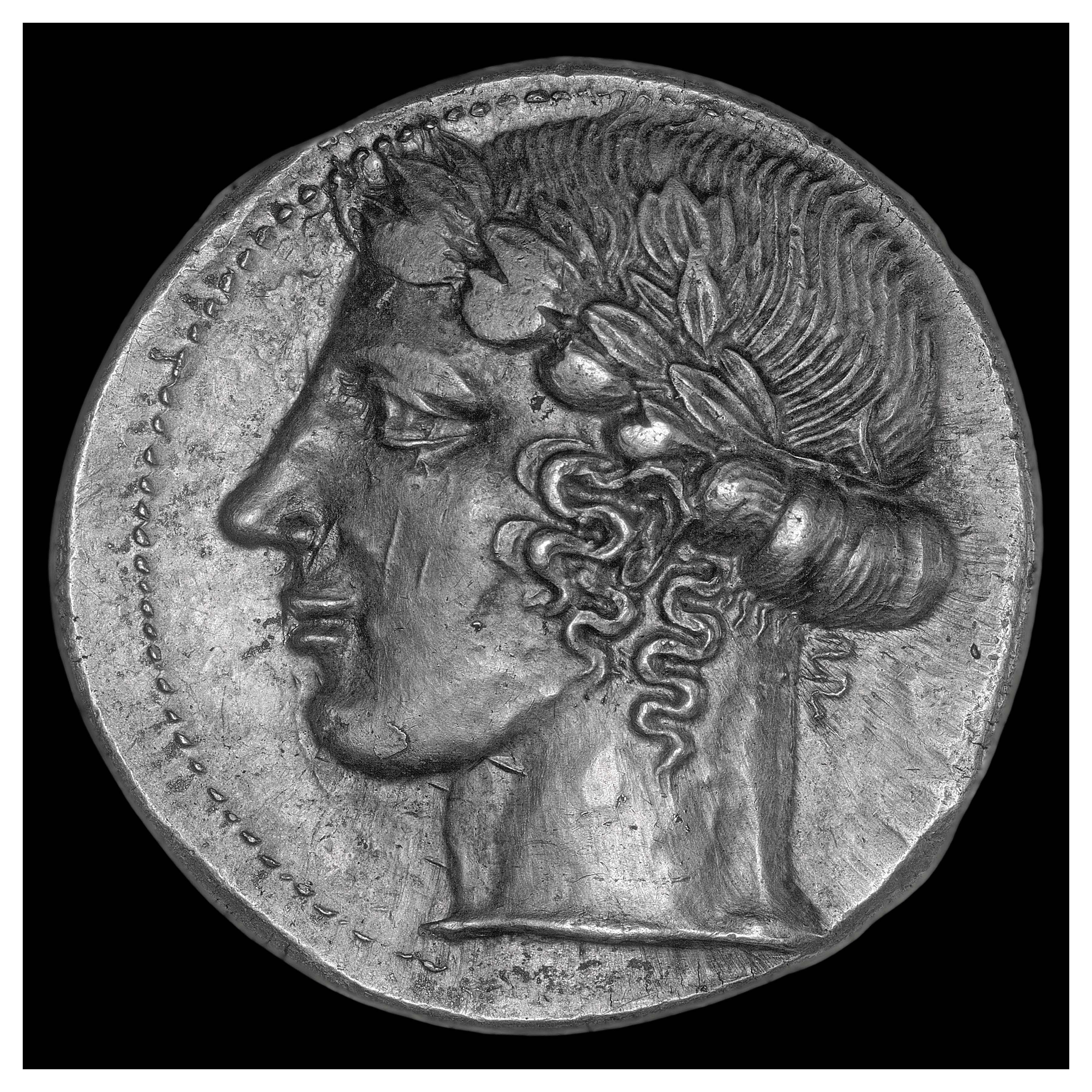 Silver Tetradrachm, Leontini, 460 BCE; Obverse: Head of Apollo, wearing laurel wreath.