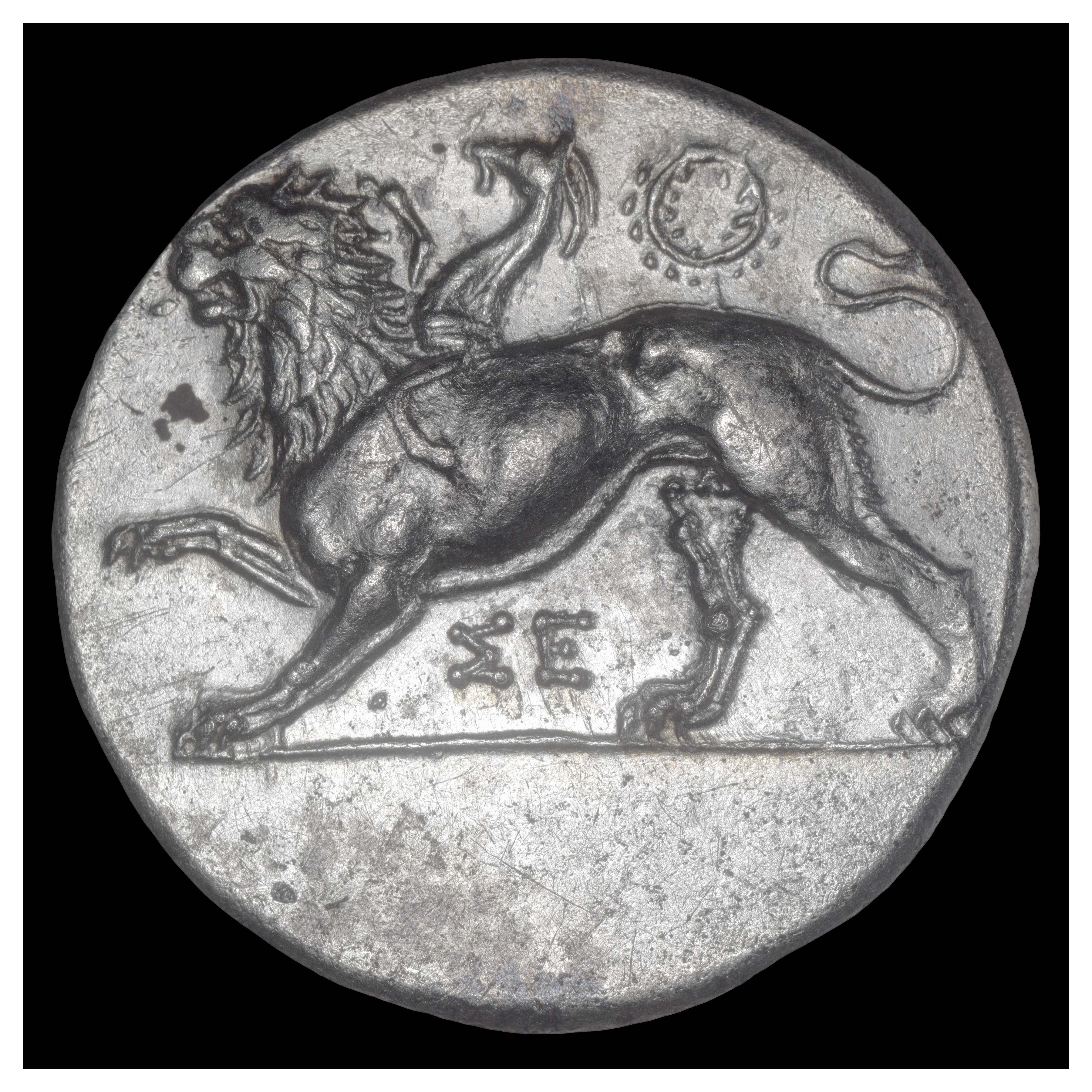 Silver Stater, Sicyon, 330 BCE; Obverse: Chimaera left, wreath above. ΣΕ below (SE = abbreviation for Sicyon).