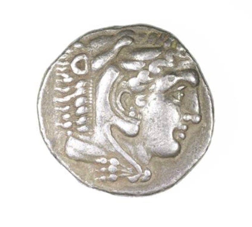 Silver Tetradrachm, Babylon, 331-323 BCE; Obverse: Head of Heracles with lion skin and features of Alexander.