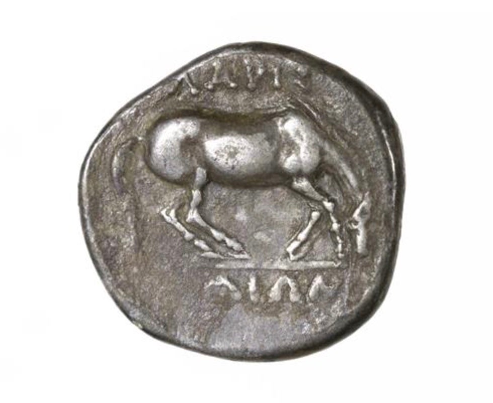 Silver Drachma, Larissa, 356-342 BCE; Reverse: Rolling horse. Inscription ΛΑΡΙΣΑΙΩΝ (“LARISAION” = “of the Larissans”).