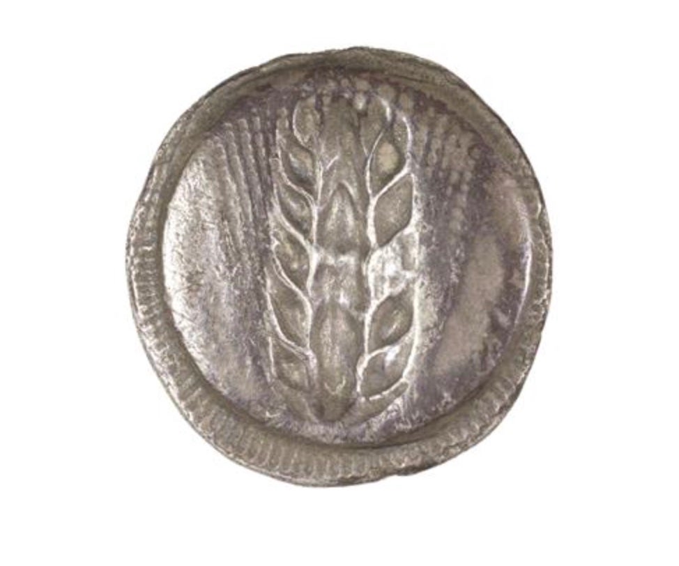 Silver Nomos, Metapontum, 510-470 BCE; Reverse: Incuse of barely.