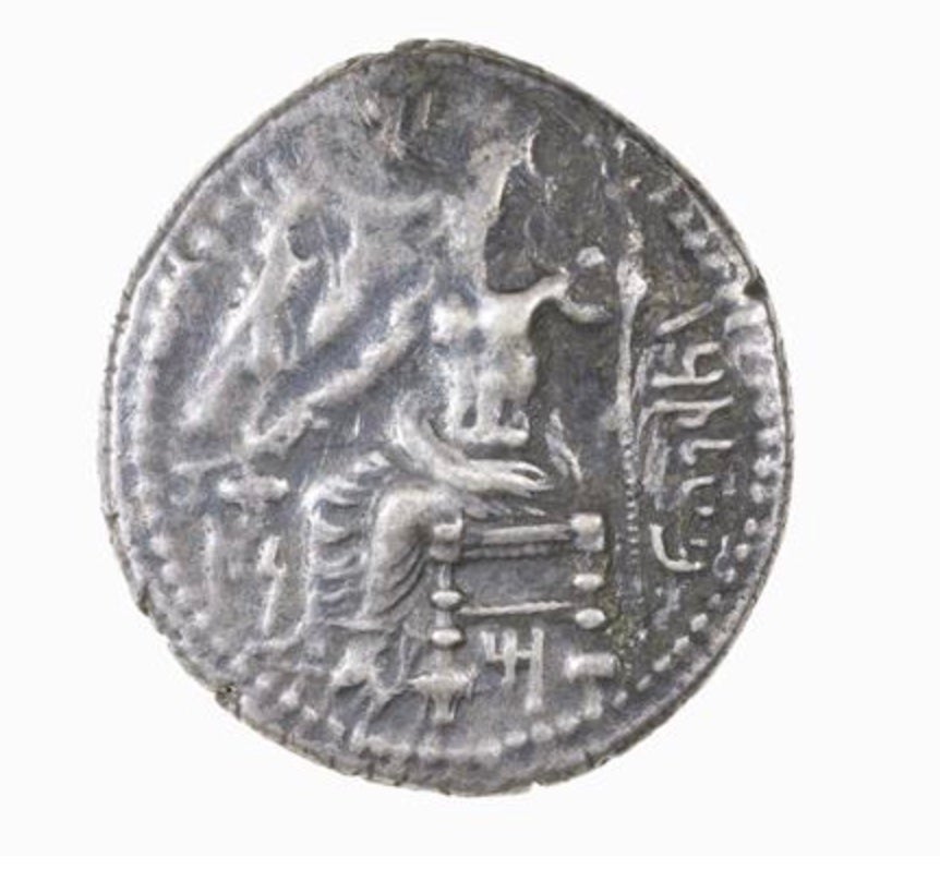 Silver Stater, Tarsus, 363-334 BCE; Obverse: Baal of Tarsus enthroned with eagle and scepter. Inscription BLTRZ (“Baaltars” in Aramaic).