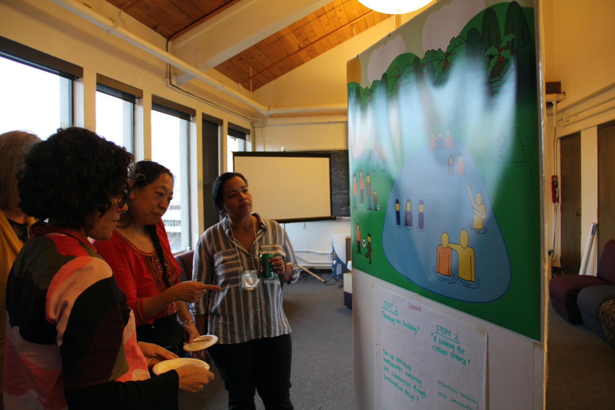People looking at a poster