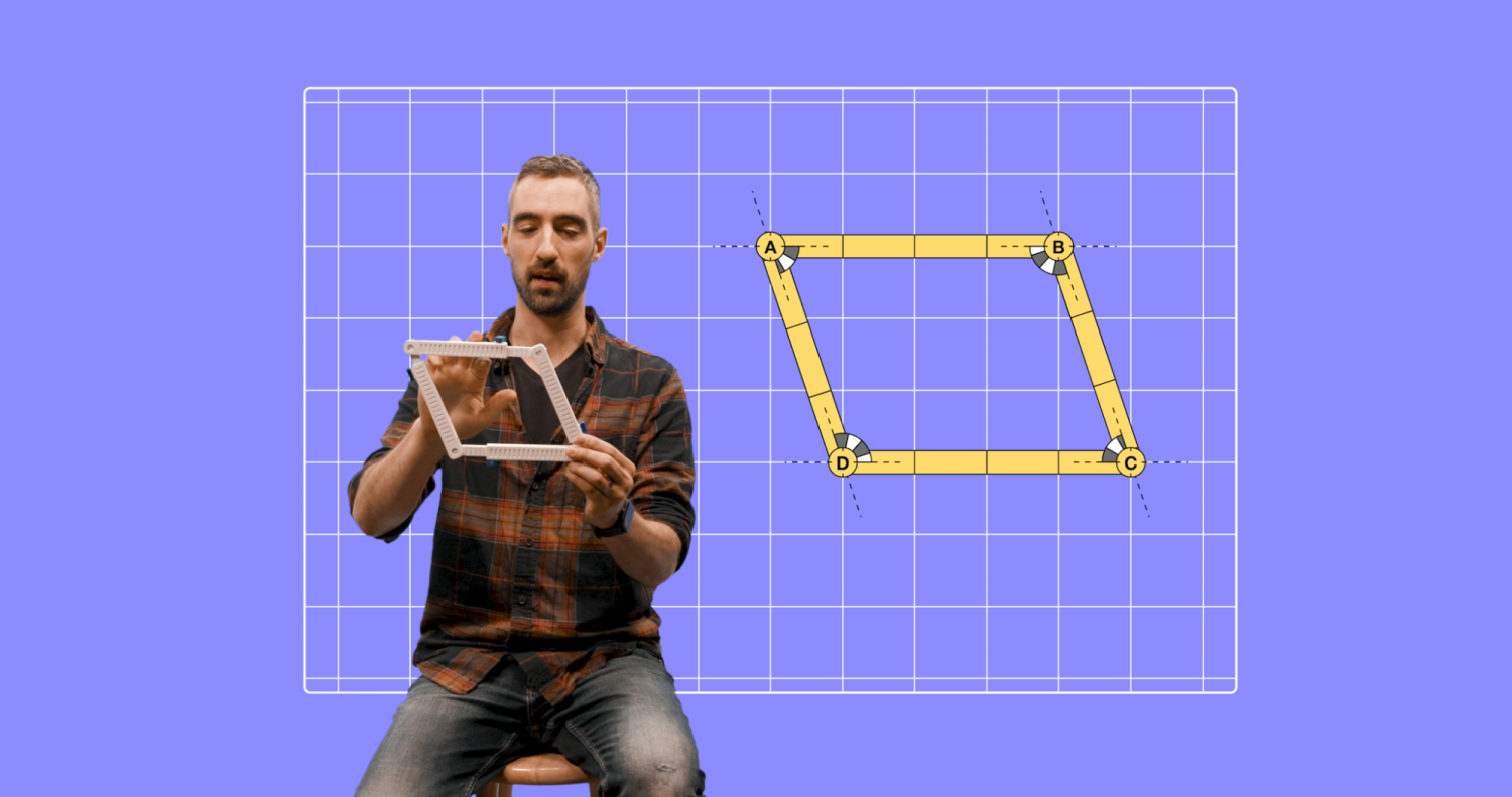 PhET designer holding quadrilateral tangible device in front of a digital illustration from PhET quadrilateral simulation