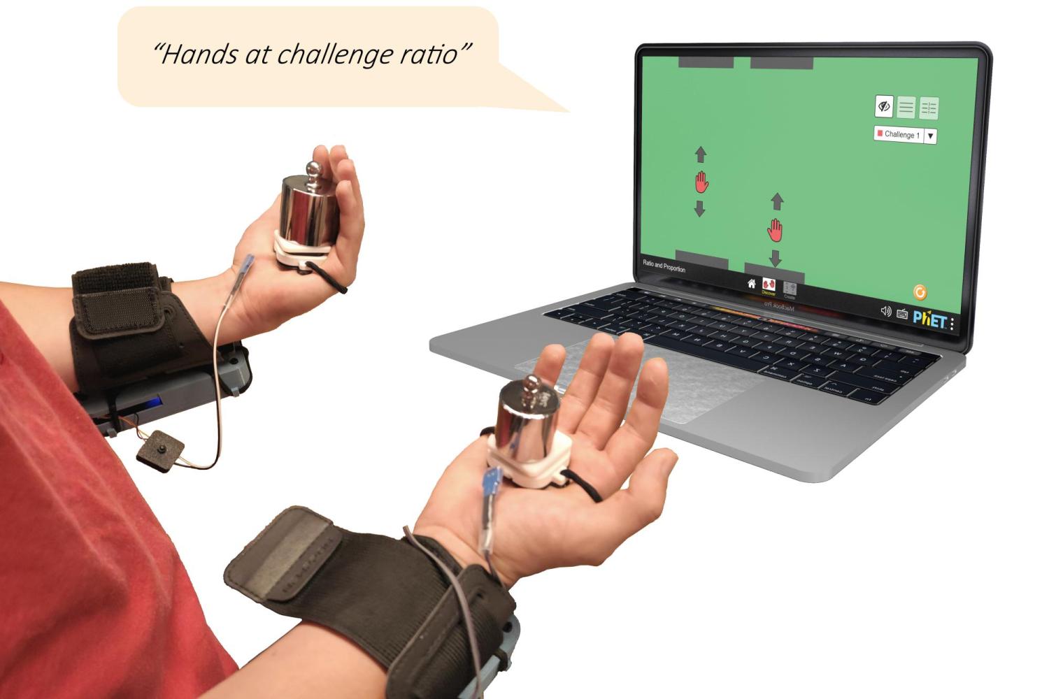 outstretched hands holding weighted sensors in front of laptop screen showing PhET sim Ratio and Proportion
