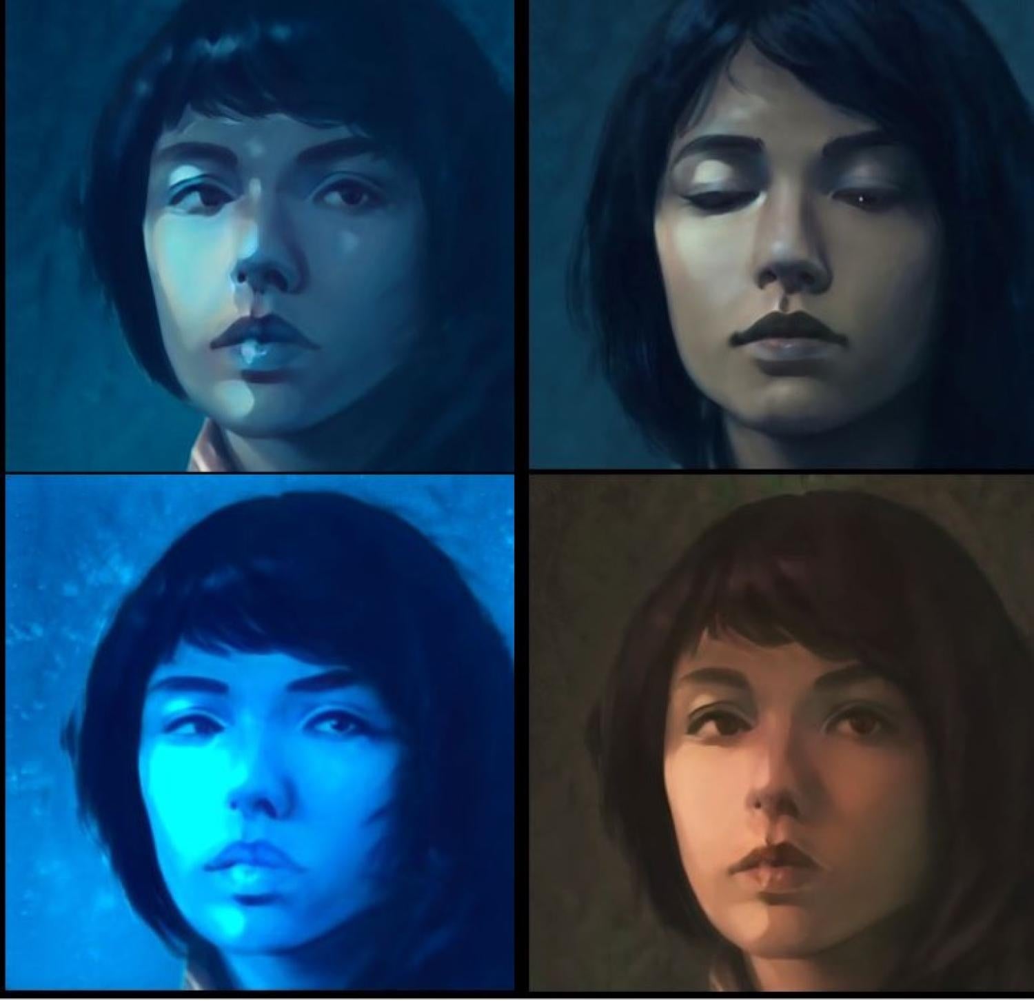 Grid of four slightly different portraits of a young girl with dark hair, created with the AI art tool, ArtBreeder.