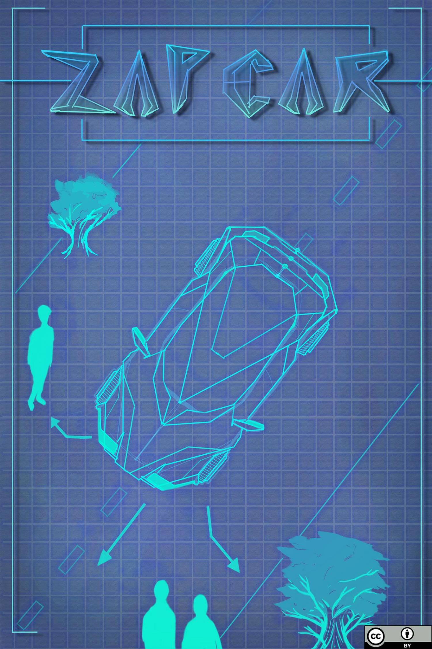 Top view drawing of a car on a street with arrows pointing from the car to pedestrians and trees
