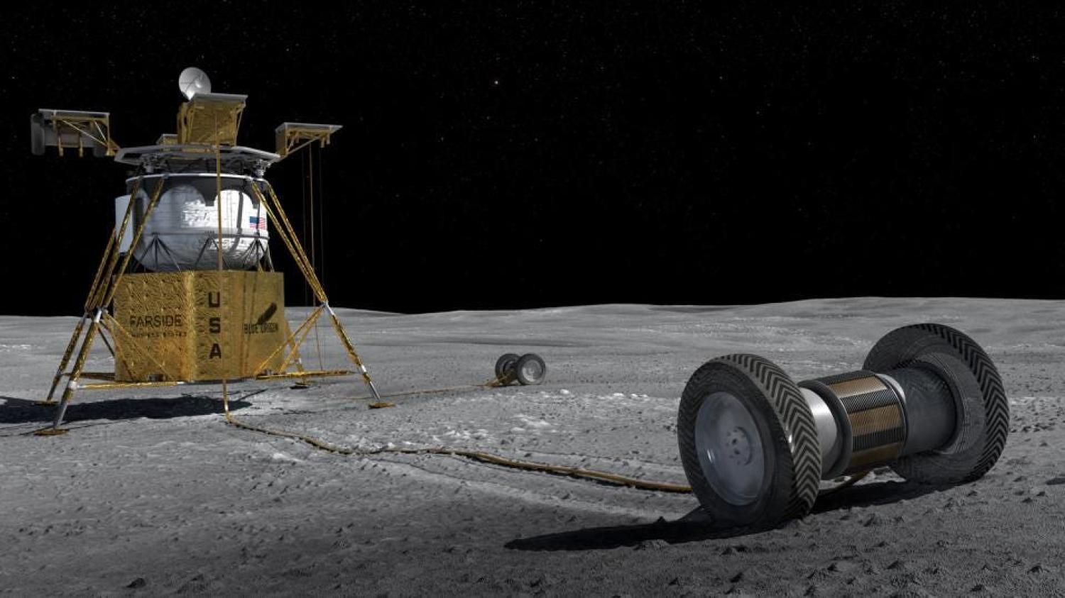 An artist's conception of Blue Origin's Blue Moon lander on the lunar far side. Credit BLUE ORIGIN, INC. and JACK BURNS