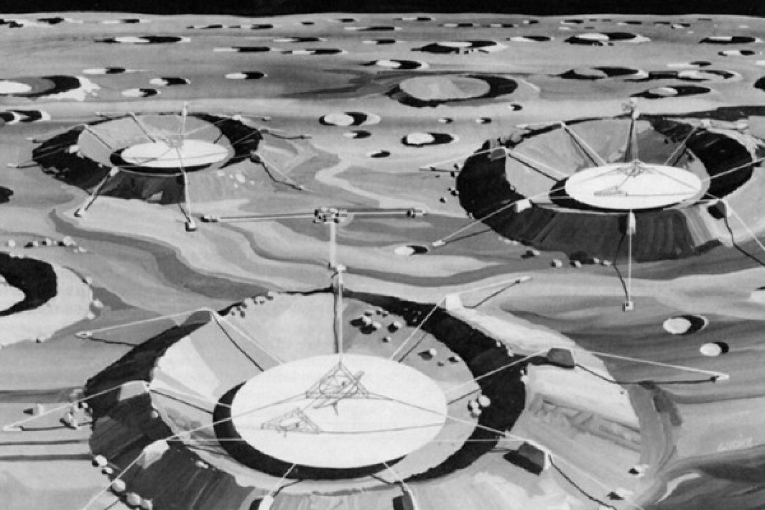 A decades-old idea from lunar scientist Richard Vondrak, who worked at the Apollo Science Operations Center during the Moon landing program, proposed using lunar craters to build radio telescopes like the Arecibo Observatory in Puerto Rico. Here, an artist’s concept shows how three telescopes could be used separately or combined to create a giant instrument.