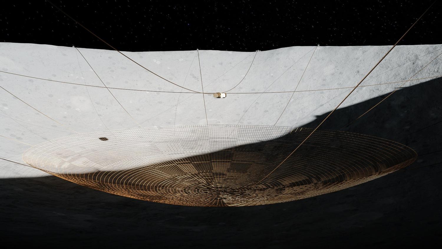 Illustration of a radio telescope in a lunar crater by Vladimir Vustyansky.
