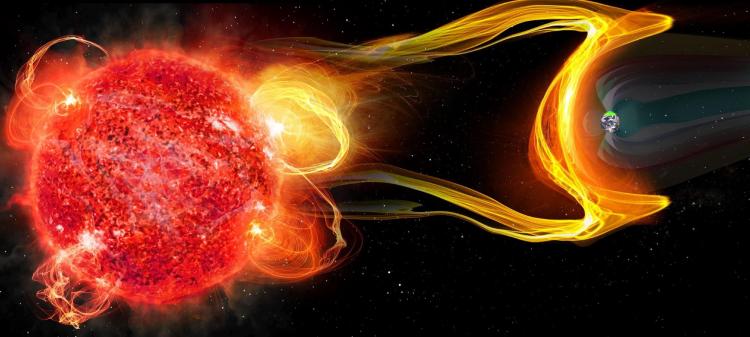Artist’s impression of a planet orbiting an M dwarf experiencing a CME due to a megaflare event.