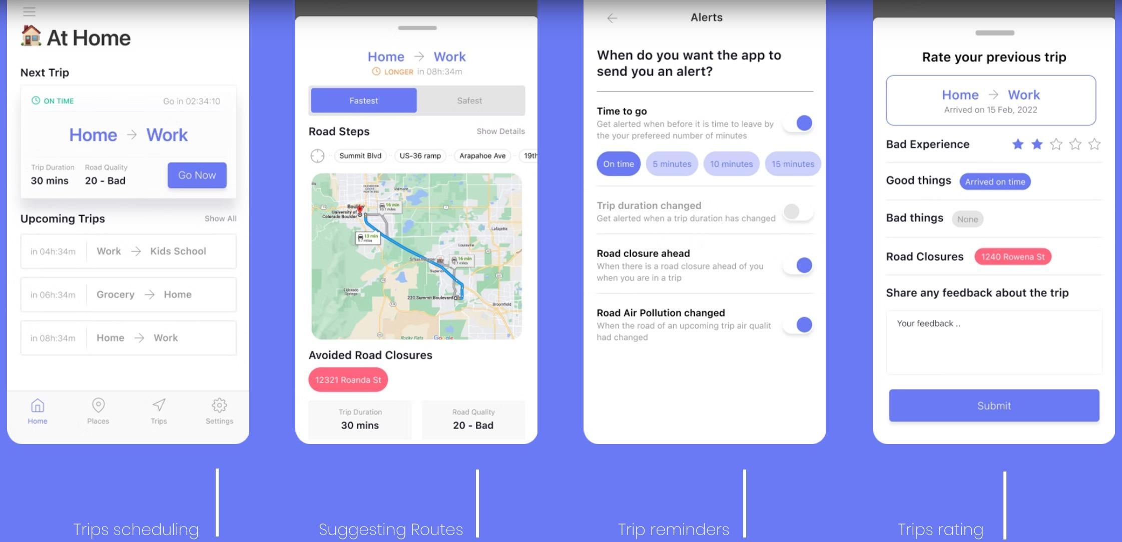 PureNav app key features: trips scheduling, suggesting routes, trip reminders, trips rating