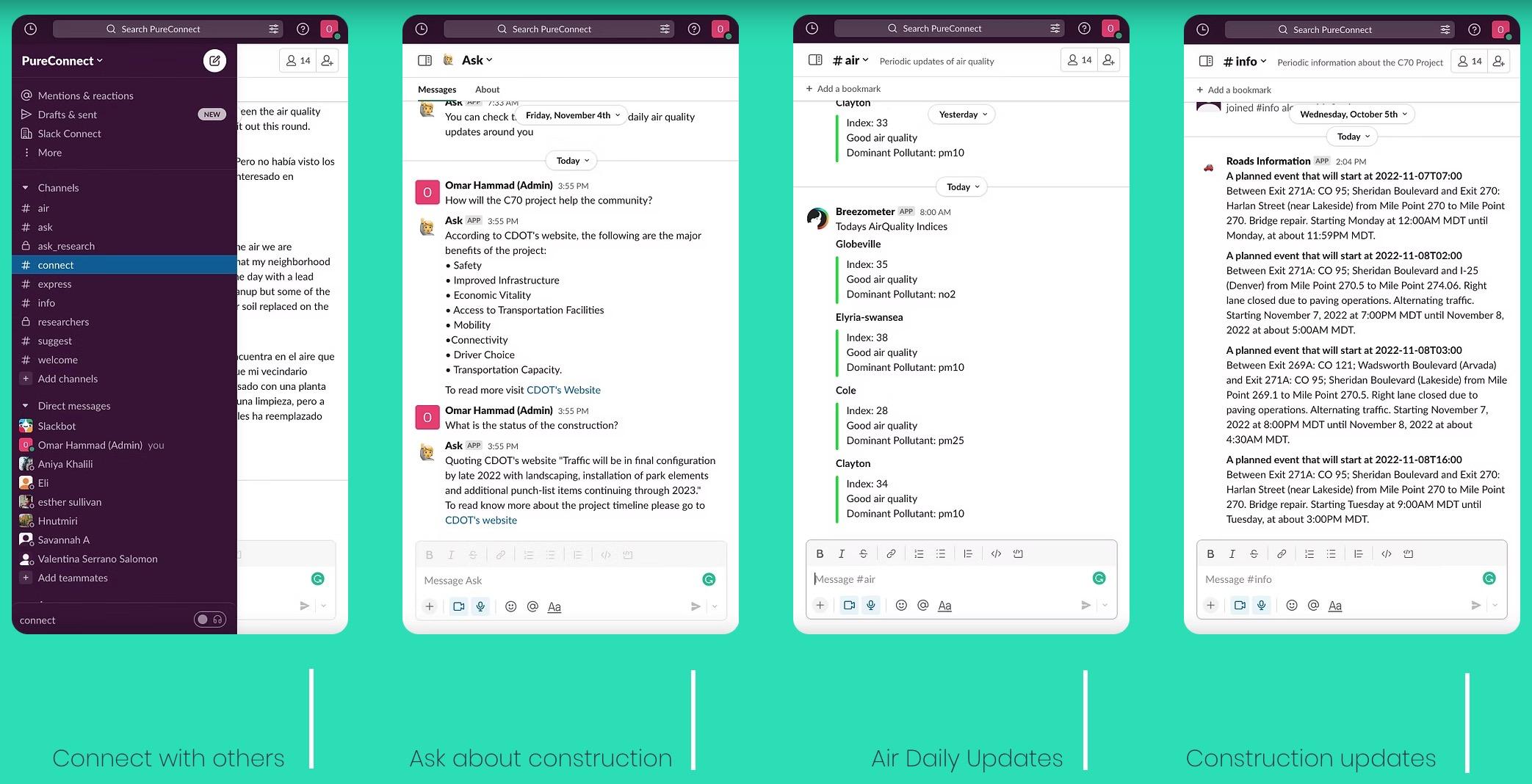 PureConnect key features: connect with others, ask about construction, Air Daily Updates, construction updates