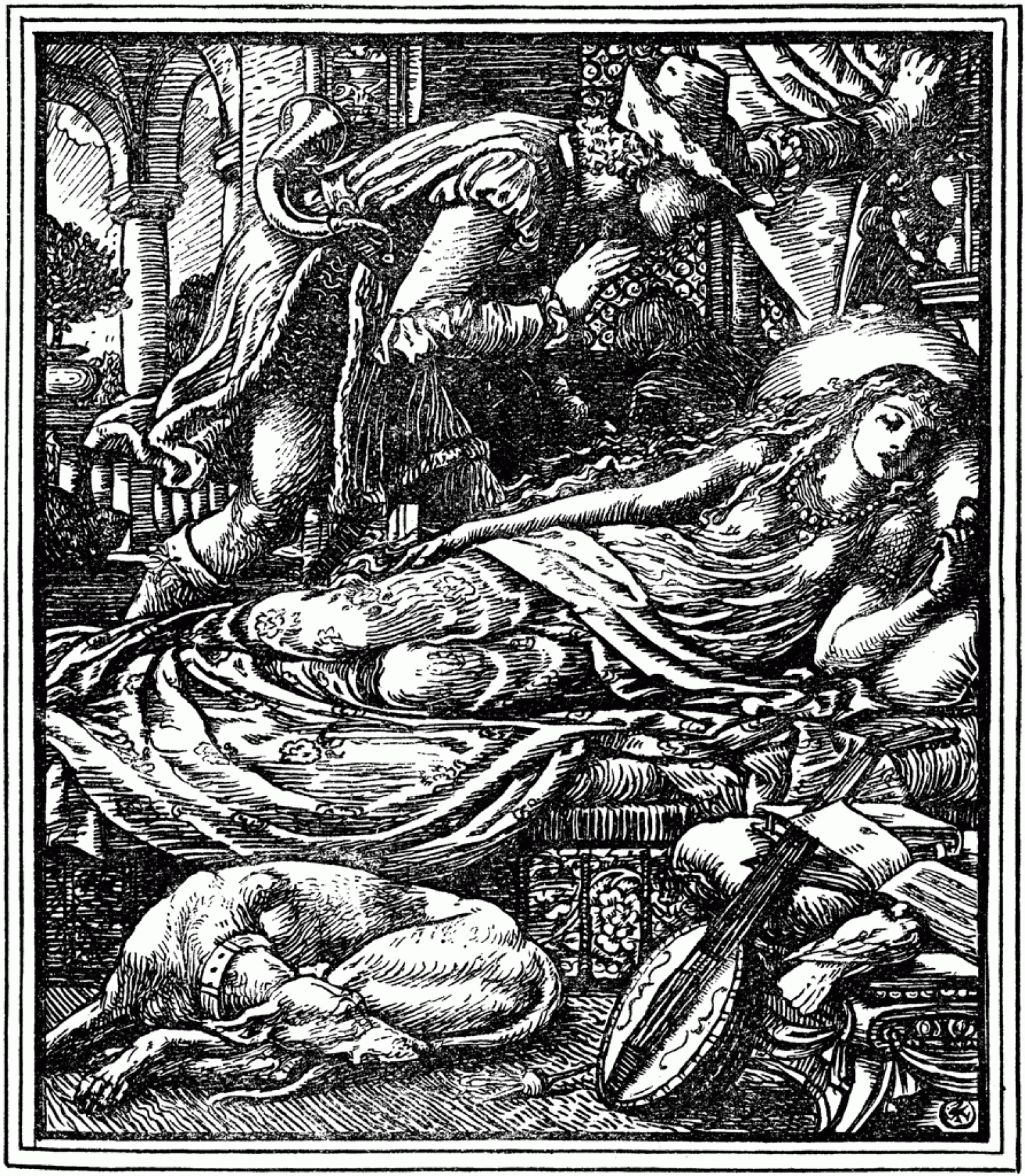 Illustration of the Prince leaning over Sleeping Beauty