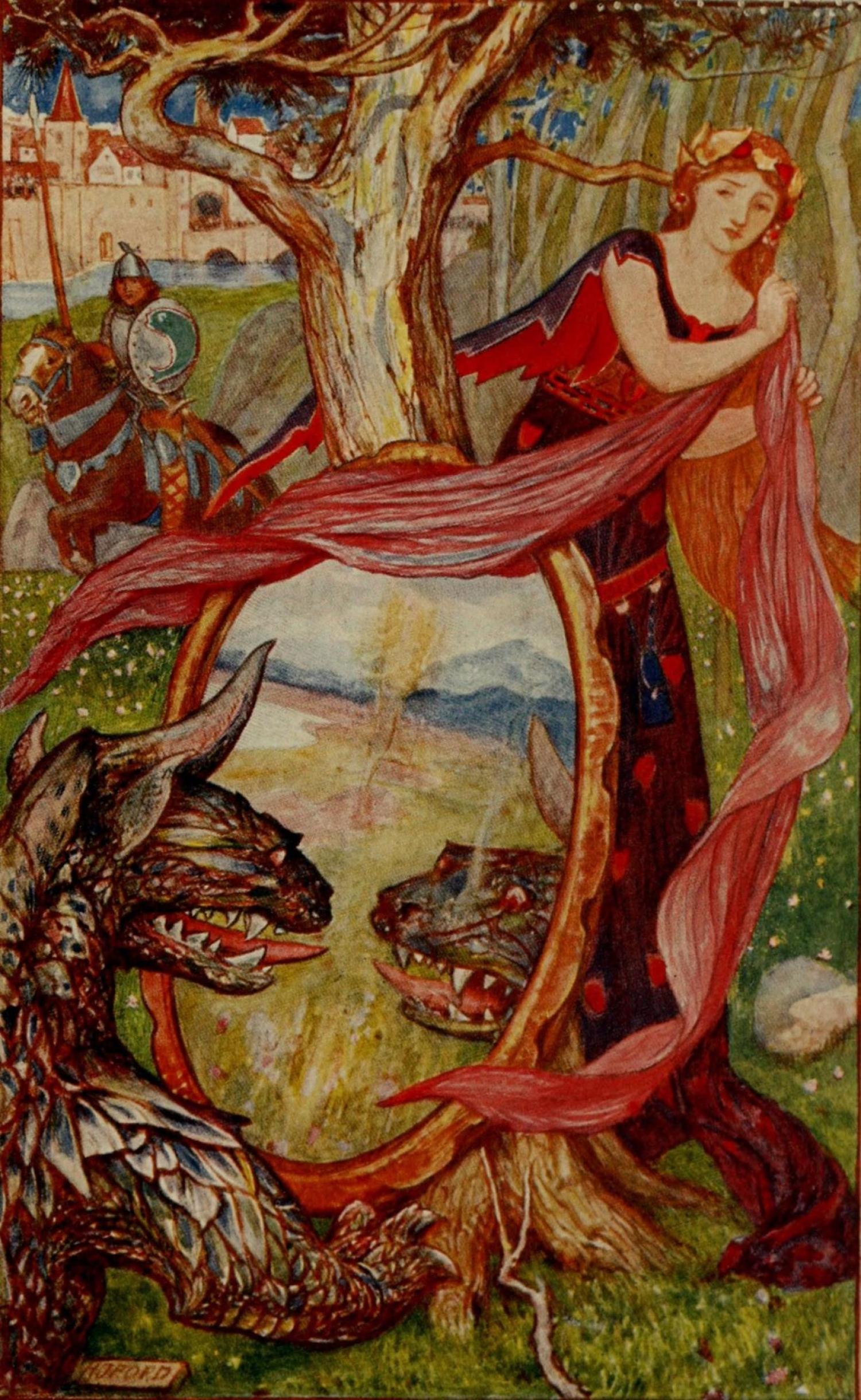 Titled "The dragon and the mirror". Vibrant Illustration of a dragon looking into a mirror. Behind the mirror is a woman in gown and a tree. In the background is a castle and knight on a horse.